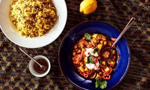 Chickpea Vindaloo served with a side of rice